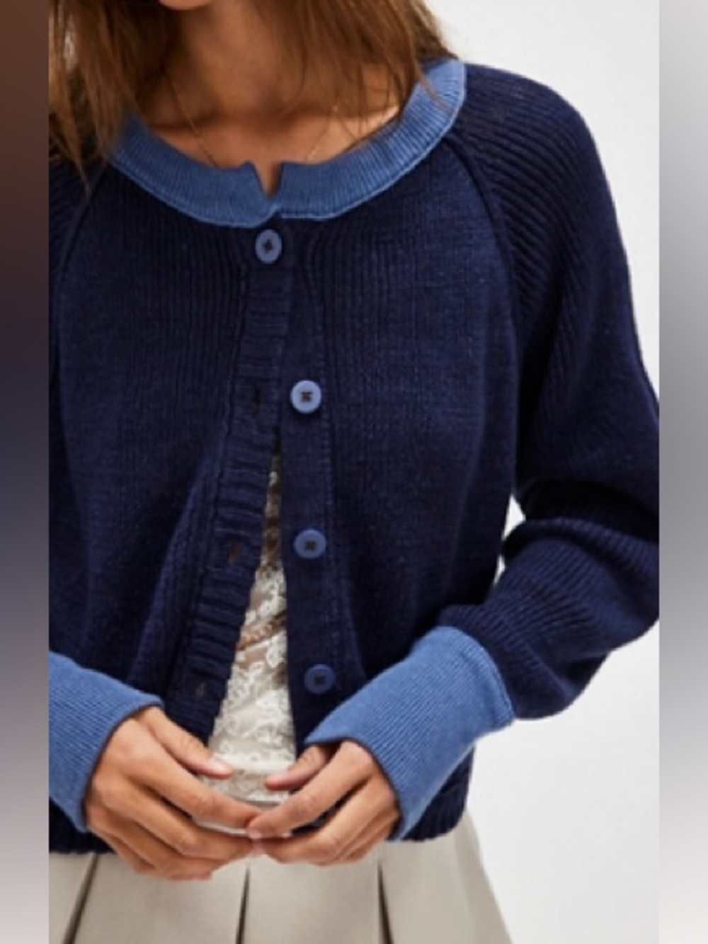 We The Free Navy cropped Cardigan with Slate Blue Trim
